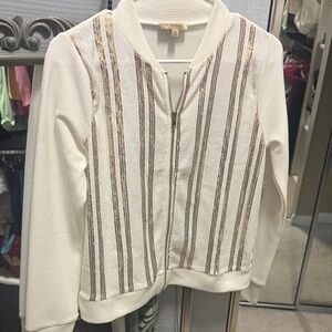 White and Gold Striped Women's Jacket Cardigan